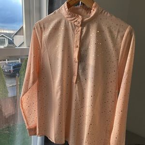 NWT Moves by Minimum Christianne Button Down Ruffle Top Blouse Pink Polka Dot